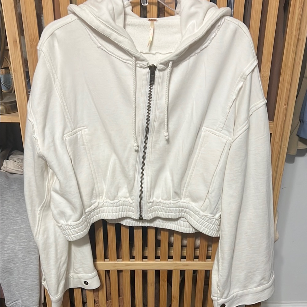 Free People White Cropped Oversized Long Sleeve Hoodie